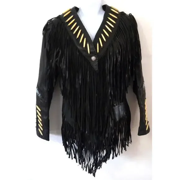 A. M. Bernardo Women's Black Leather Beaded Fringe Hippie Motorcycle Jacket XS - Picture 2 of 9